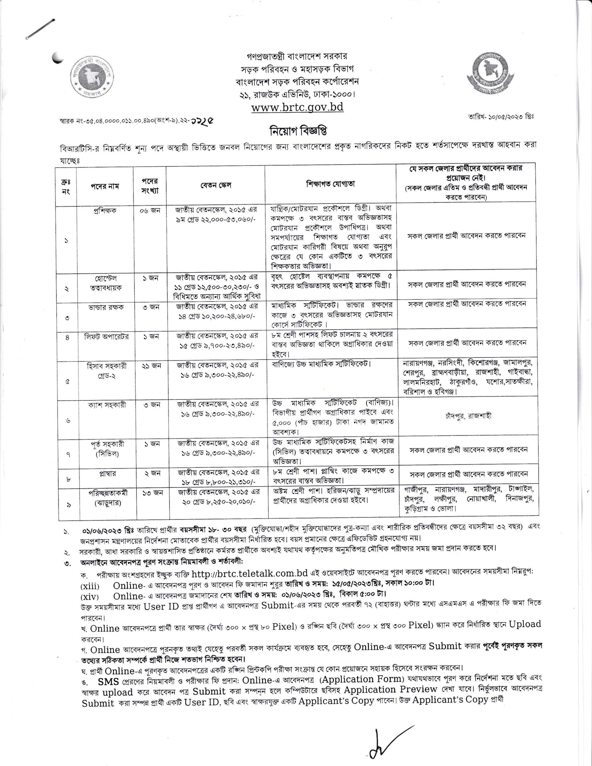বাংলাদেশ সড়ক পরিবহন কর্পোরেশন (বিআরটিসি) নিয়োগ ২০২৩